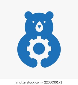 Initial Bear Gear Logo Negative Space Vector Template. Bear Holding Gear Symbol