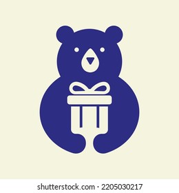 Initial Bear Gift Box Logo Negative Space Vector Template. Bear Holding Gift Box Symbol