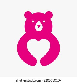 Initial Bear Heart Logo Negative Space Vector Template. Bear Holding Love Symbol