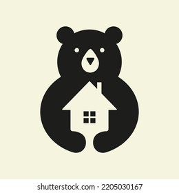 Initial Bear Home Logo Negative Space Vector Template. Bear Holding Home Symbol
