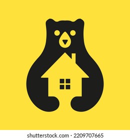 Initial Bear Home Logo Negative Space Vector Template. Bear Holding Home Symbol