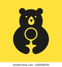Initial Bear Magnifying Glass Logo Negative Space Vector Template. Bear Holding Magnifying Glass Symbol