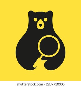Initial Bear Magnifying Glass Logo Negative Space Vector Template. Bear Holding Magnifying Glass Symbol