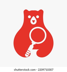 Plantilla de vectores de espacio negativo del logotipo de vidrio de aumento inicial del oso. Símbolo de vidrio de aumento de sujeción del oso