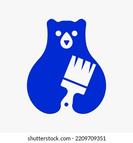 Initial Bear Paint Brush Logo Negative Space Vector Template. Bear Holding Paint Brush Symbol