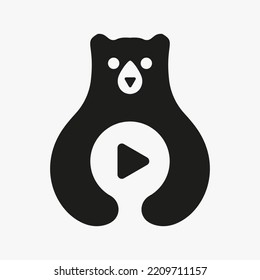 Initial Bear Play Logo Negative Space Vector Template. Bear Holding Play Symbol