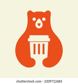 Initial Bear Recycle Bin Logo Negative Space Vector Template. Bear Holding Trash Symbol