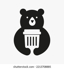 Initial Bear Recycle Bin Logo Negative Space Vector Template. Bear Holding Trash Symbol