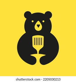 Initial Bear Spatula Logo Negative Space Vector Template. Bear Holding Spatula Symbol