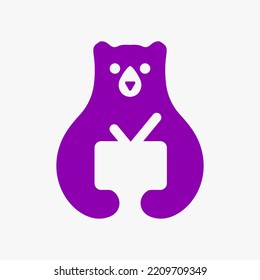 Initial Bear TV Logo Negative Space Vector Template. Bear Holding TV Symbol