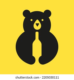 Initial Bear Wine Bottle Logo Negative Space Vector Template. Bear Holding Wine Bottle Symbol