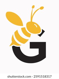 Initial Bee Logo On Letter G For Honey Bee Symbol