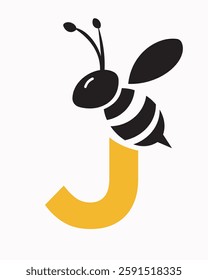 Initial Bee Logo On Letter J For Honey Bee Symbol