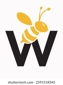 Initial Bee Logo On Letter W For Honey Bee Symbol