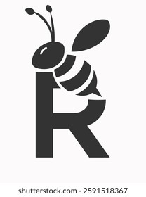 Initial Bee Logo On Letter R For Honey Bee Symbol