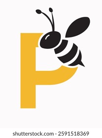 Initial Bee Logo On Letter P For Honey Bee Symbol