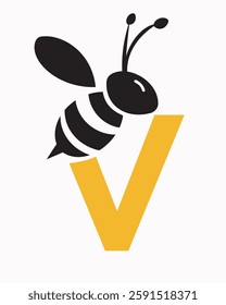 Initial Bee Logo On Letter V For Honey Bee Symbol