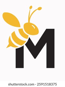 Initial Bee Logo On Letter M For Honey Bee Symbol