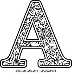 initial a in black and white with doodle ornaments and design elements from mandala art style for coloring. Isolated on white background