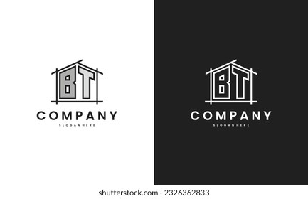 Initial BT home logo with creative house element in line art style vector design template