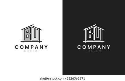 Initial BU home logo with creative house element in line art style vector design template