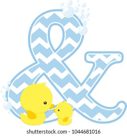initial & with bubbles and little baby rubber duck isolated on white background. can be used for baby boy birth announcements, father's day card, nursery decoration, party theme or birthday invitation