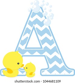 initial a with bubbles and little baby rubber duck isolated on white background. can be used for father's day card, baby boy birth announcements, nursery decoration, party theme or birthday invitation