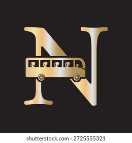 Logotipo de viaje de autobús inicial combinado con letra N Plantilla de Vector