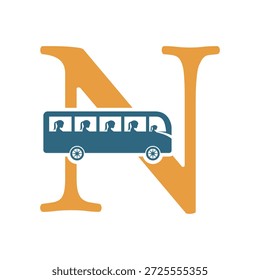 Logotipo de viaje de autobús inicial combinado con letra N Plantilla de Vector