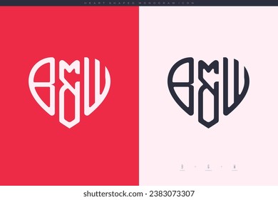 initial BW letters with red heart and love logo flat icon monogram concept