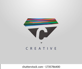 Initial C Abstract Diamond Logo. Creative C letter design with colorful Strips on diamond shapes.