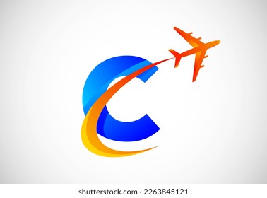 Initial C alphabet with a swoosh and airplane logo design. Suitable for travel companies or business