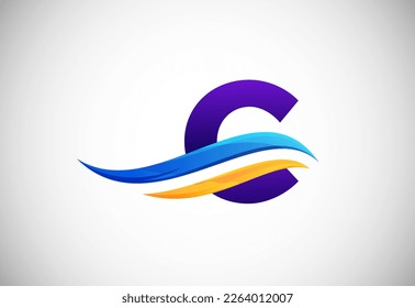 Alfabeto C inicial con diseño de logo de onda oceánica o cisne. Símbolo gráfico del alfabeto para la identidad empresarial