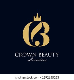 initial C B Royal beauty queen woman face with crown logo design, consisting of a entwined C and B with lady face on negative space with crown 