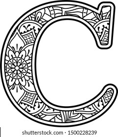 initial c in black and white with doodle ornaments and design elements from mandala art style for coloring. Isolated on white background