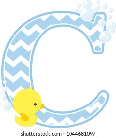 initial c with bubbles and little baby rubber duck isolated on white background. can be used for baby boy birth announcements, nursery decoration, party theme or birthday invitation