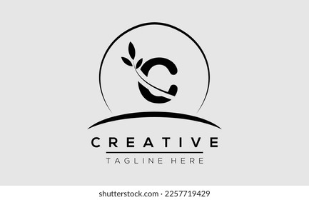 initial C circle letter logo design with leaf. C logo icon vector template.