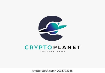 Initial C Crypto logo design, letter C with planet inside, vector illustration