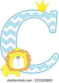 initial c with cute little lion king with golden crown isolated on white background. can be used for father's day card, baby boy birth announcements, nursery decoration, party theme or invitation
