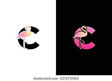 Logo inicial del ave C Flamingo. Icono de pájaro Flamingo con letra C Modelo de vector de diseño de logotipo.