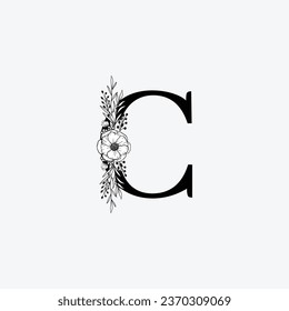 Initiales Logo des Blumenalphabets C. Schwarzes, florales Alphabet, botanische Monogramm-Vektor-Buchstaben mit schwarzen Kunstblumen, Blättern und Dornen.