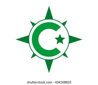 initial C green compass alphabet typography uppercase capital letter image vector icon