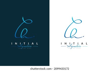 Initial C and H Letters Logo Design with Handwriting Style in Blue Gradient. CH Signature Logo or Symbol for Wedding, Fashion, Jewelry, Boutique, Botanical, Floral and Business Identity