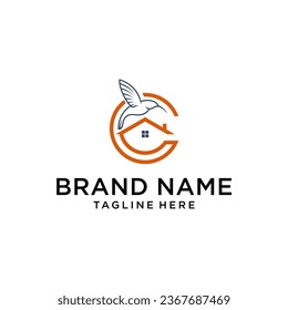 Initial C House Logo Vector Design Template With Bird Icon Design