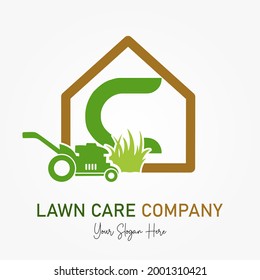 Initial C Latter with Mower Machine for Lawn Care Service Company Logo. Landscaping Lawnmower Home Maintenance  Business Branding