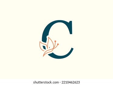 Alfabeto de letra C inicial con logotipo de mariposa. Plantilla inicial de concepto de firma de mariposa.
