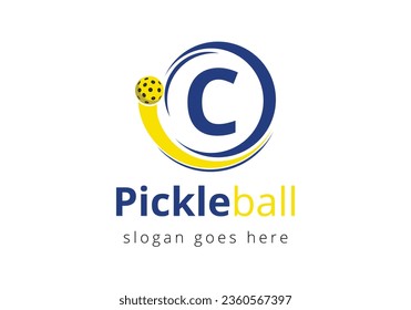 Initial C Letter alphabet with Pickleball Logo Concept With Moving Pickleball Symbol