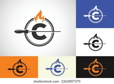 Initial C letter alphabet with a skewer and fire flame. Logo design for Barbecue, Seekh Kebab, etc.