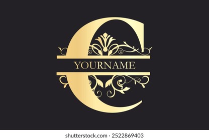 Initial C letter  floral Split Letter Monogram,luxury Wedding invitation Monogram Design,gold color on black background