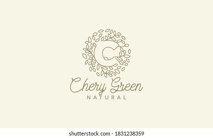 Anfangsbuchstabe C mit Blattpflanzenverzierung auf dem Kreis luxuriöses Vintage-Logo Vektorgrafik-Design 